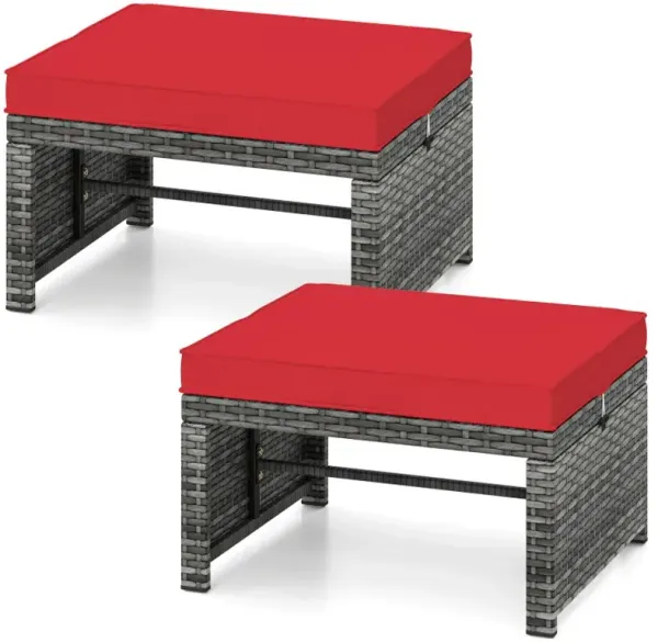 2 Pieces Patio PE Rattan Ottomans with Soft Zippered Cushions for Deck
