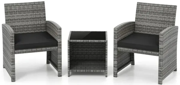 3 Pieces Patio Furniture Set with Tempered Glass Coffee Table and Soft Seat Cushions