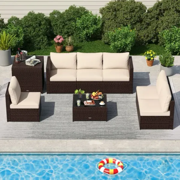 8 Piece Patio Furniture Set with Storage Box and Tempered Glass Coffee Table