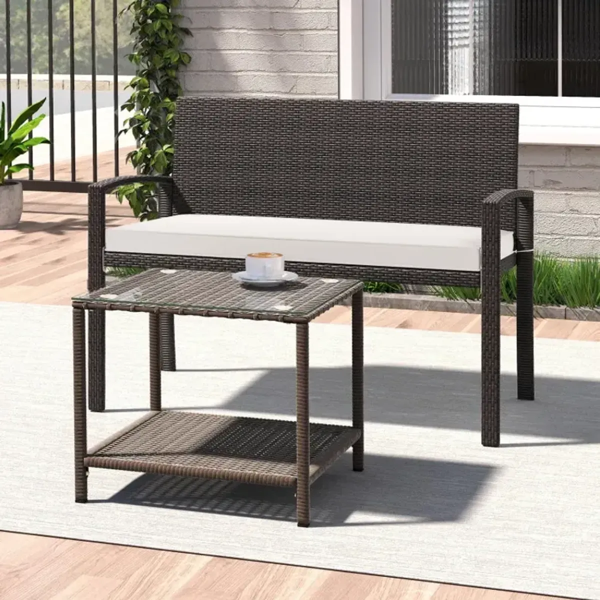 Wicker 2-Seat Bench with Soft Seat Cushion and Metal Frame