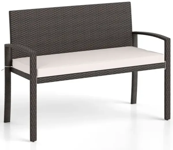 Wicker 2-Seat Bench with Soft Seat Cushion and Metal Frame