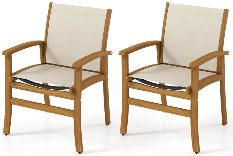 Patio Chairs Set of 2 Acacia Wood Armchairs with Breathable Fabric Back and Seat