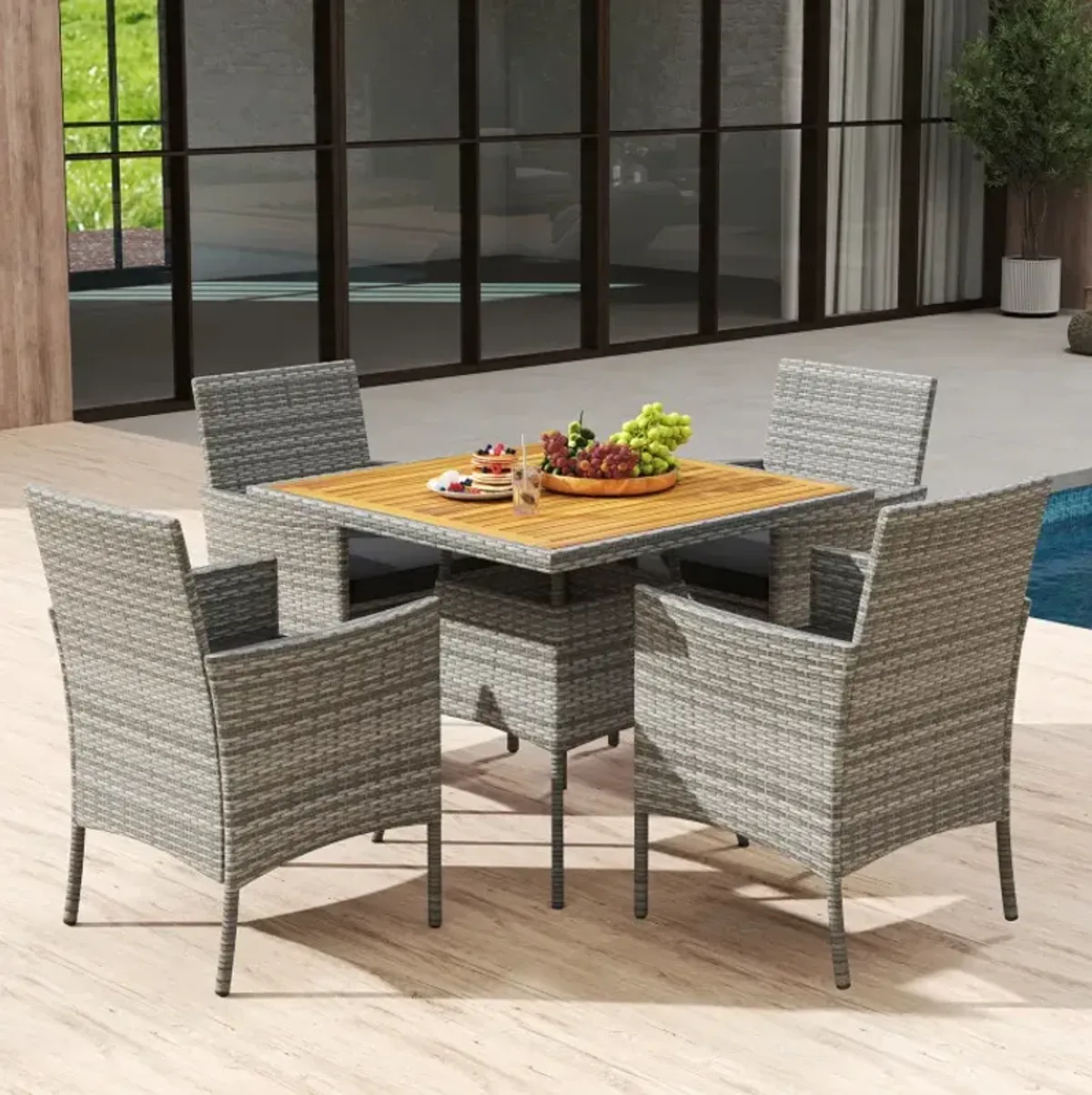 5 Pieces PE Wicker Patio Dining Set Outdoor Acacia Wood Table and Chairs