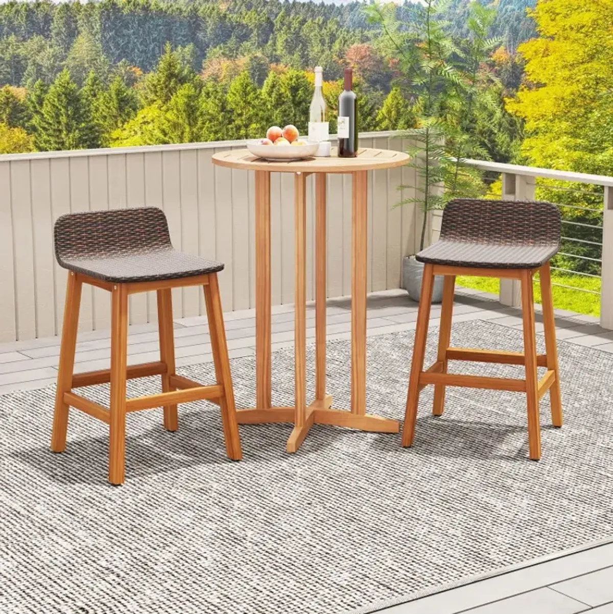 Solid Acacia Wood Bar Stools Set of 2 with Backrests and Footrests for Porch