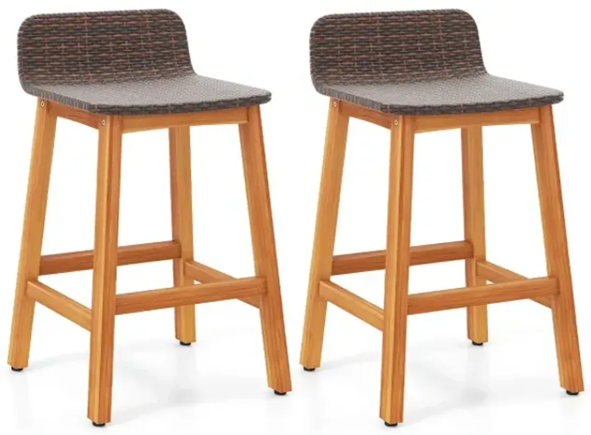 Solid Acacia Wood Bar Stools Set of 2 with Backrests and Footrests for Porch