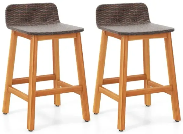 Solid Acacia Wood Bar Stools Set of 2 with Backrests and Footrests for Porch