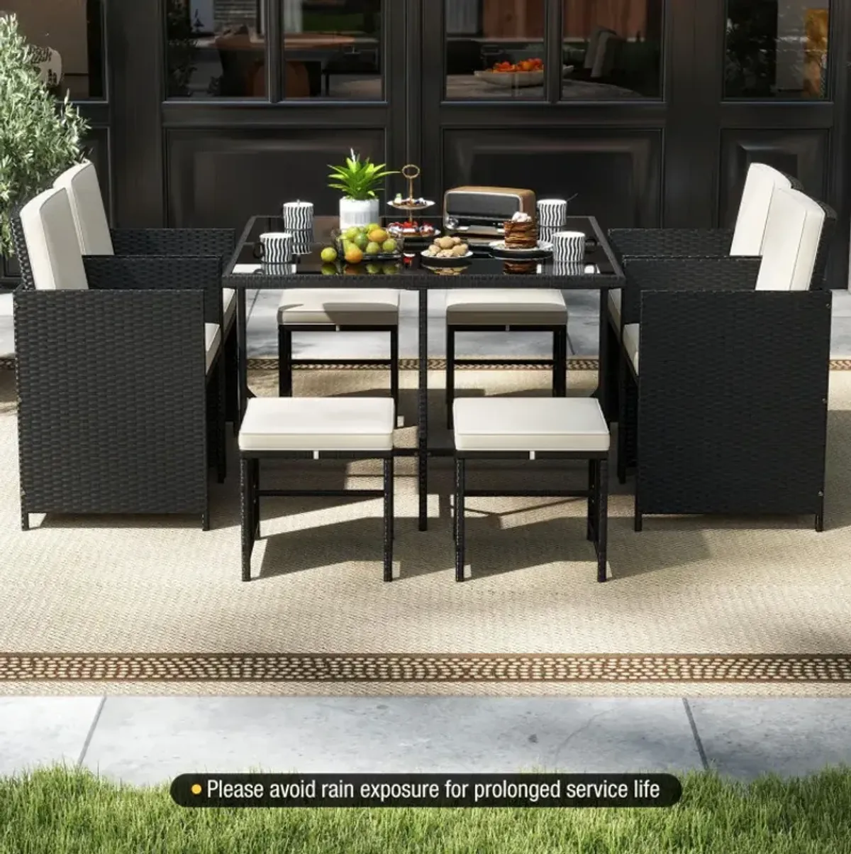 9 Piece Patio Dining Set with Tempered Glass Table and Ottoman