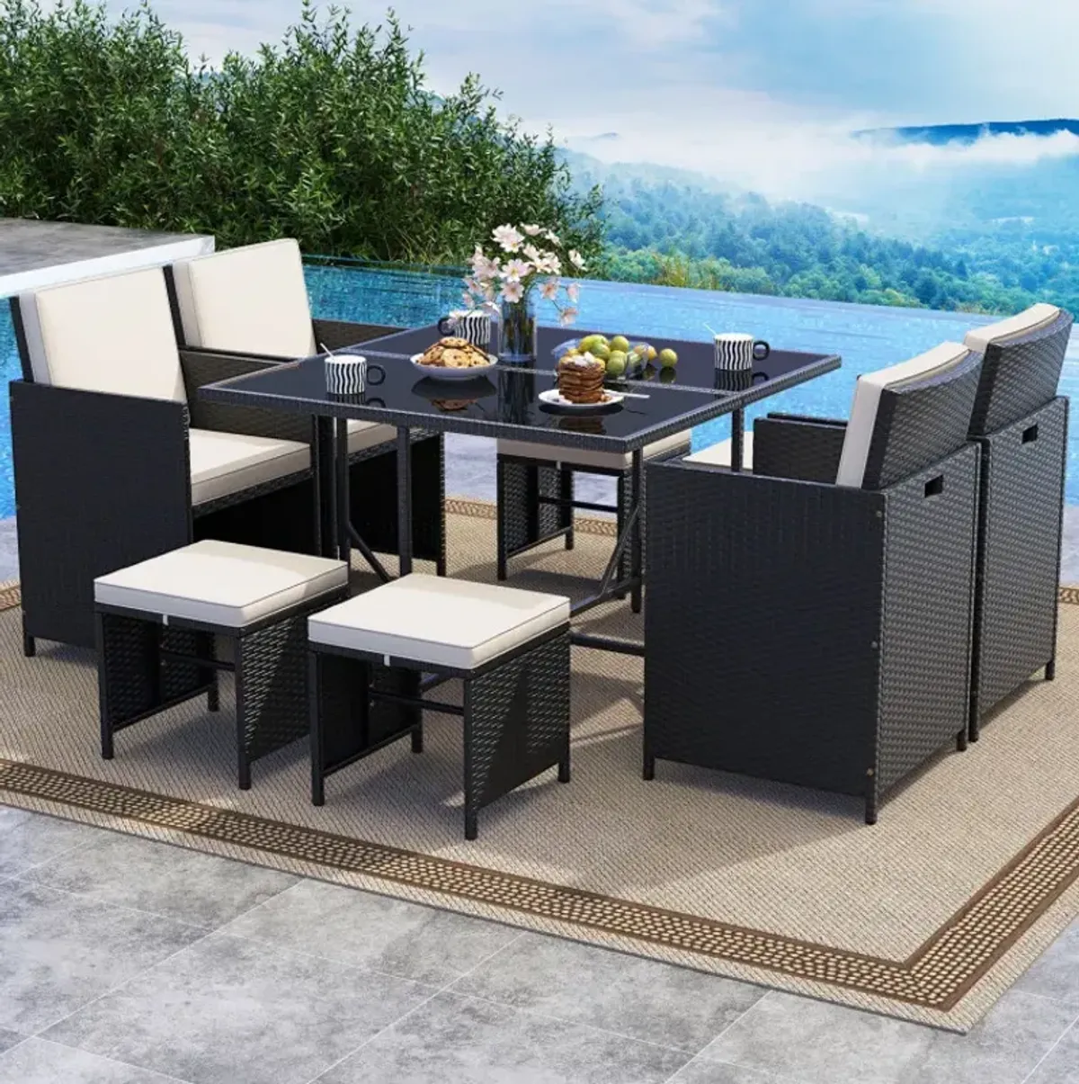 9 Piece Patio Dining Set with Tempered Glass Table and Ottoman