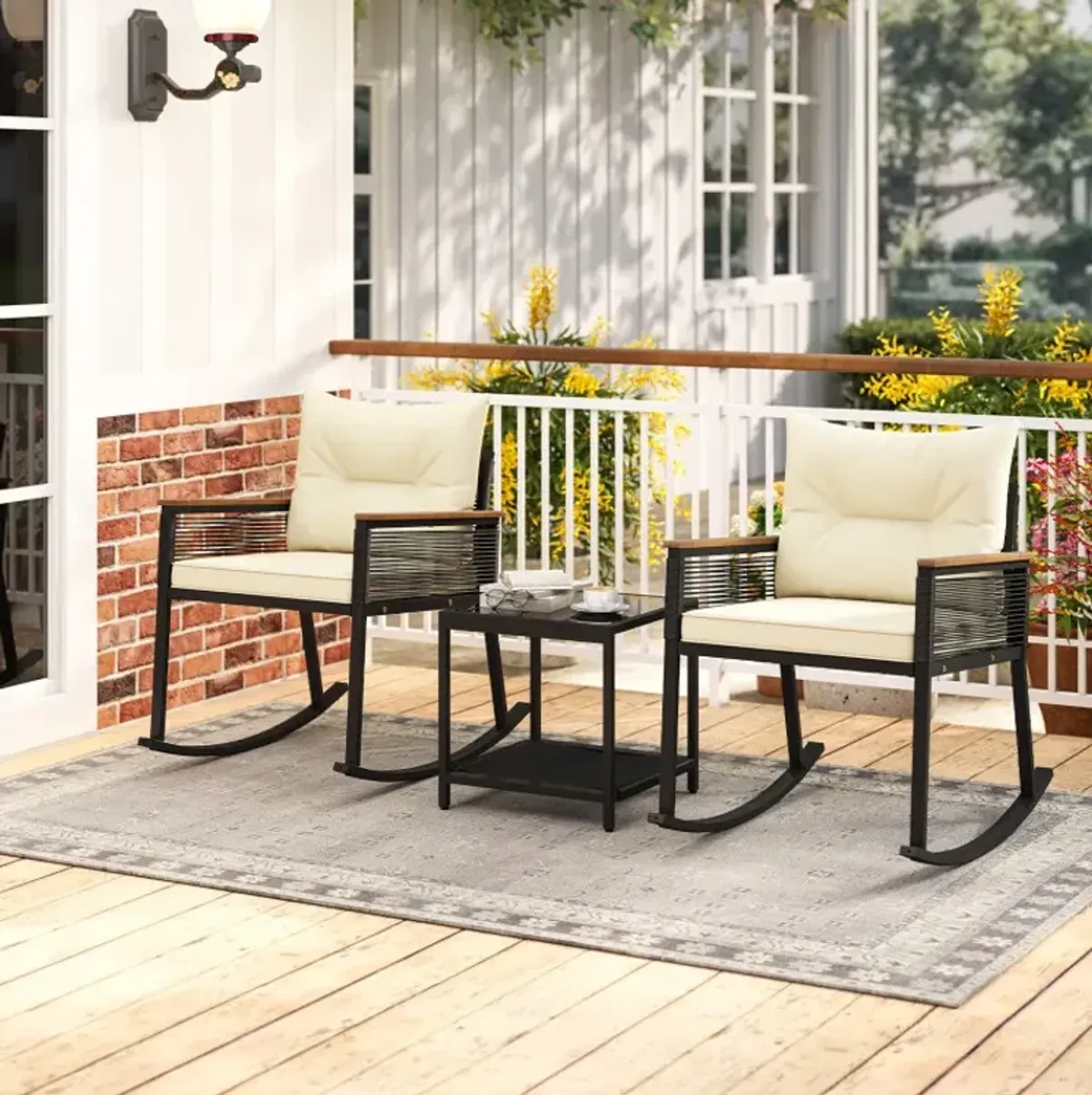 3 Piece Outdoor PE Rattan Rocking Bistro Set with 2-Tier Coffee Table