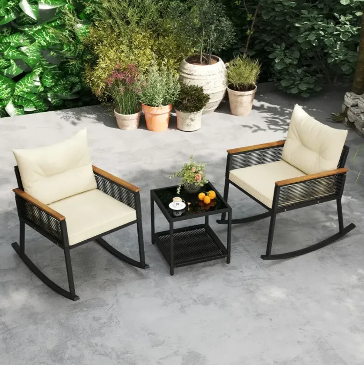 3 Piece Outdoor PE Rattan Rocking Bistro Set with 2-Tier Coffee Table