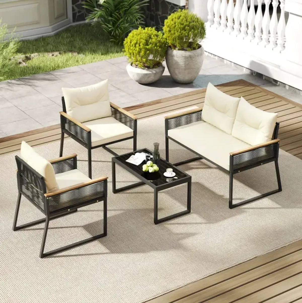 4 Pieces Patio Furniture Set Outdoor Conversation Set with Tempered Glass Coffee Table