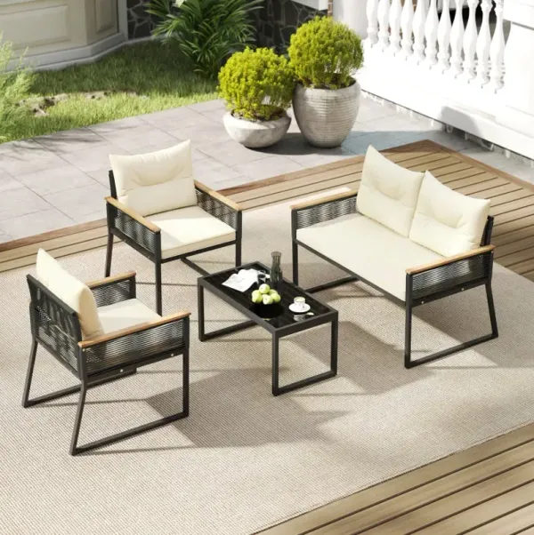 4 Pieces Patio Furniture Set Outdoor Conversation Set with Tempered Glass Coffee Table