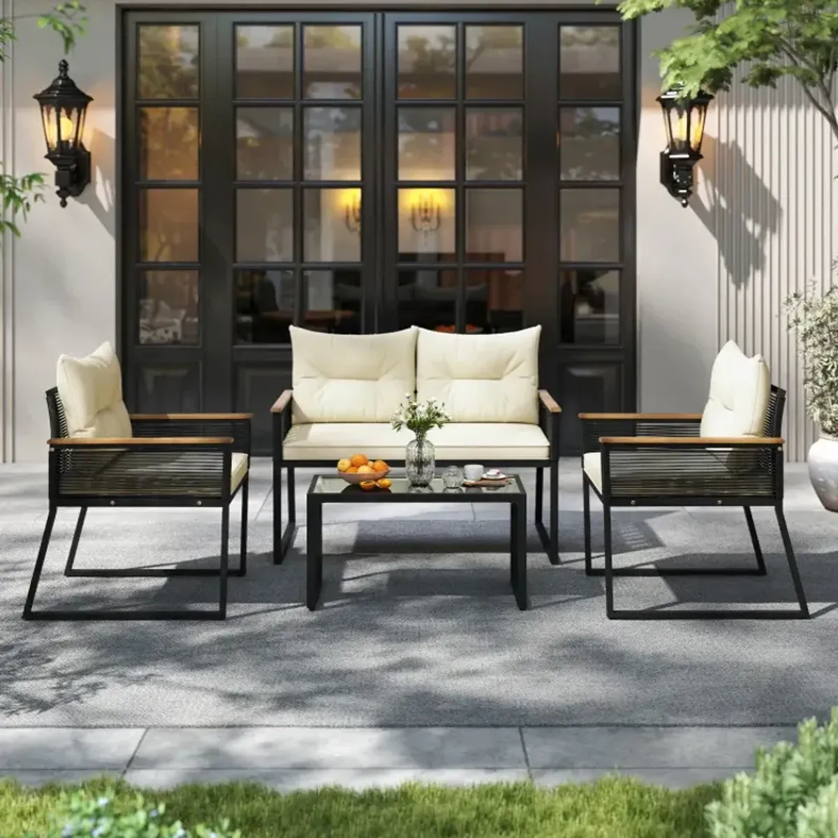 4 Pieces Patio Furniture Set Outdoor Conversation Set with Tempered Glass Coffee Table