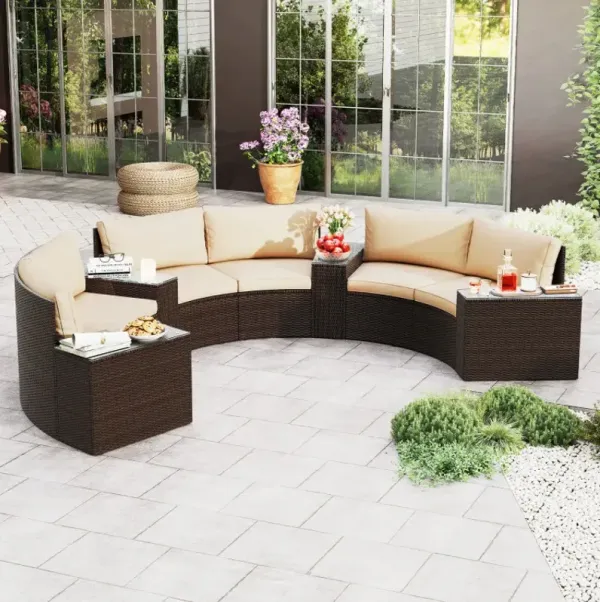 7 Pieces Patio Furniture Set PE Rattan Half-Moon Curved Sofas with Side Tables