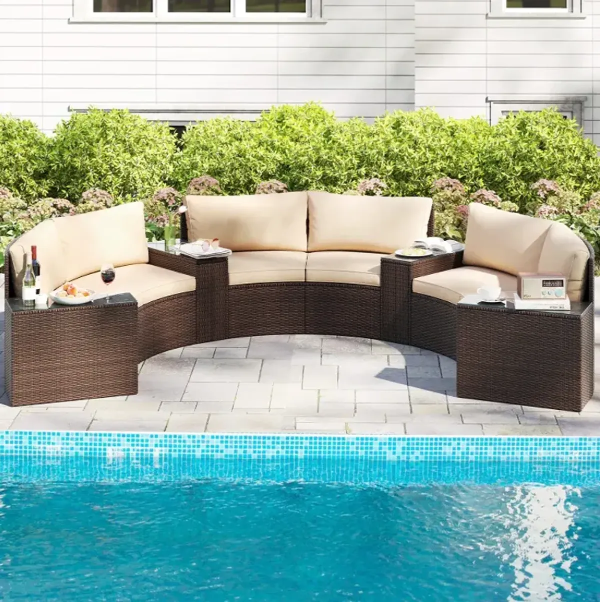 7 Pieces Patio Furniture Set PE Rattan Half-Moon Curved Sofas with Side Tables