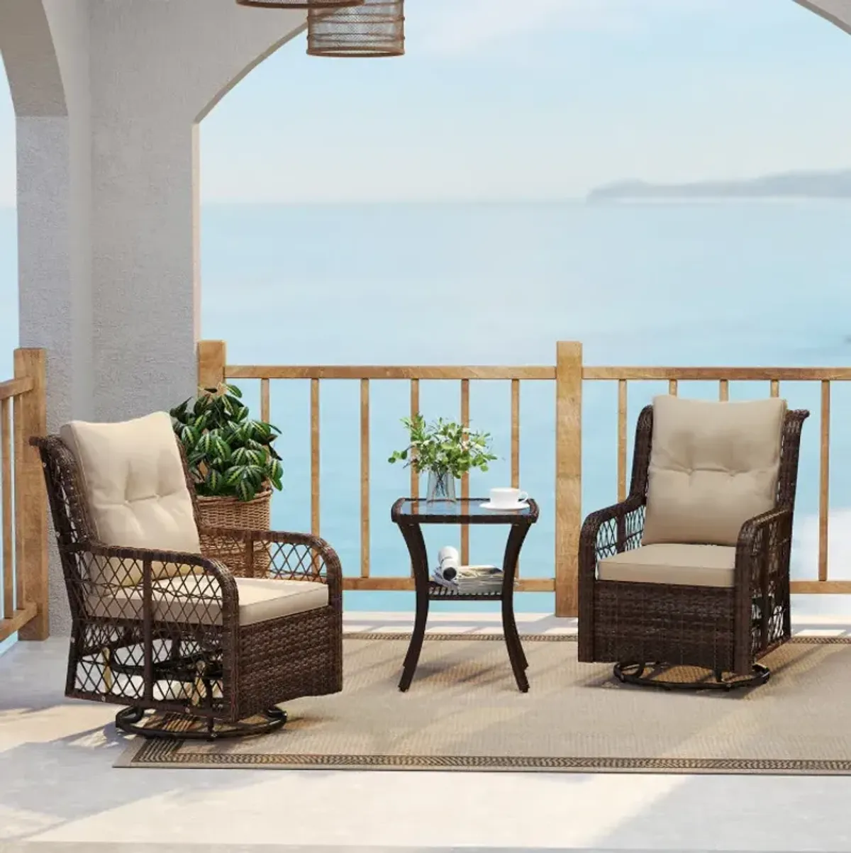 3 Pieces Patio Furniture Set PE Wicker Swivel Glider Chairs with 2-Tier Side Table and Cushions