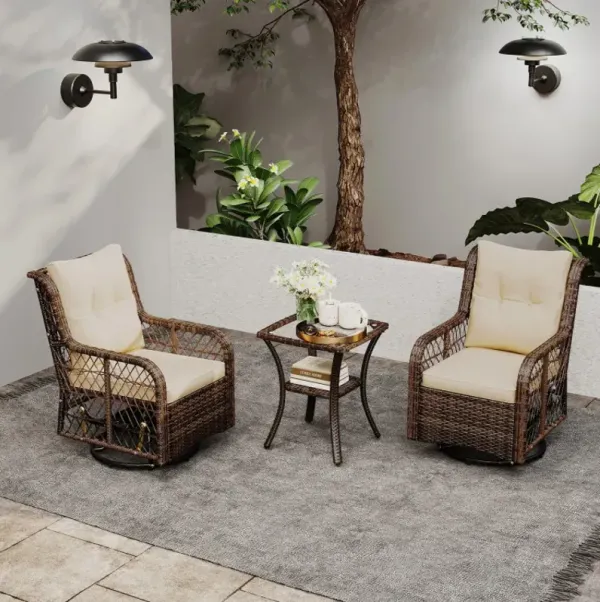 3 Pieces Patio Furniture Set PE Wicker Swivel Glider Chairs with 2-Tier Side Table and Cushions