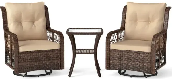 3 Pieces Patio Furniture Set PE Wicker Swivel Glider Chairs with 2-Tier Side Table and Cushions
