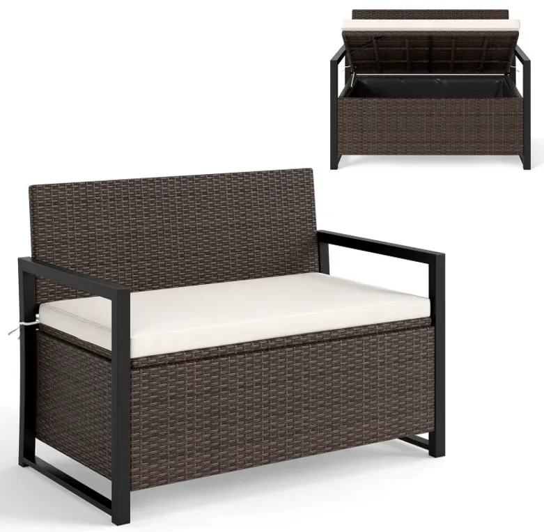 Patio Storage Bench Outdoor Wicker Loveseat with Built-in Storage