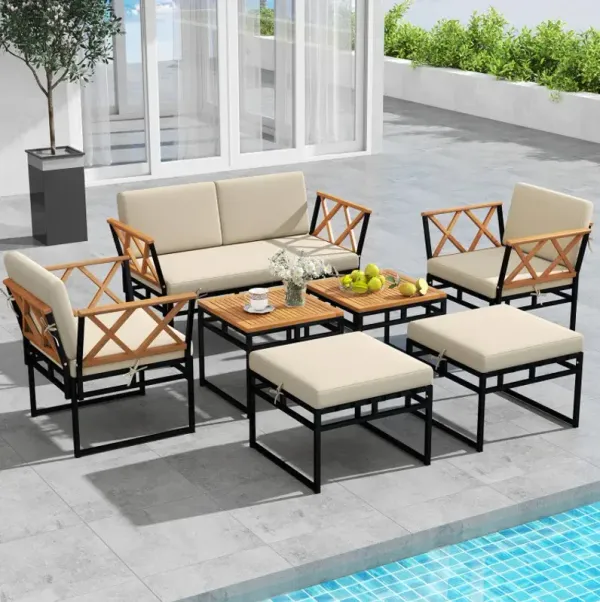 7 Piece Outdoor Conversation Set with Cushions and Bungee Rope Seat
