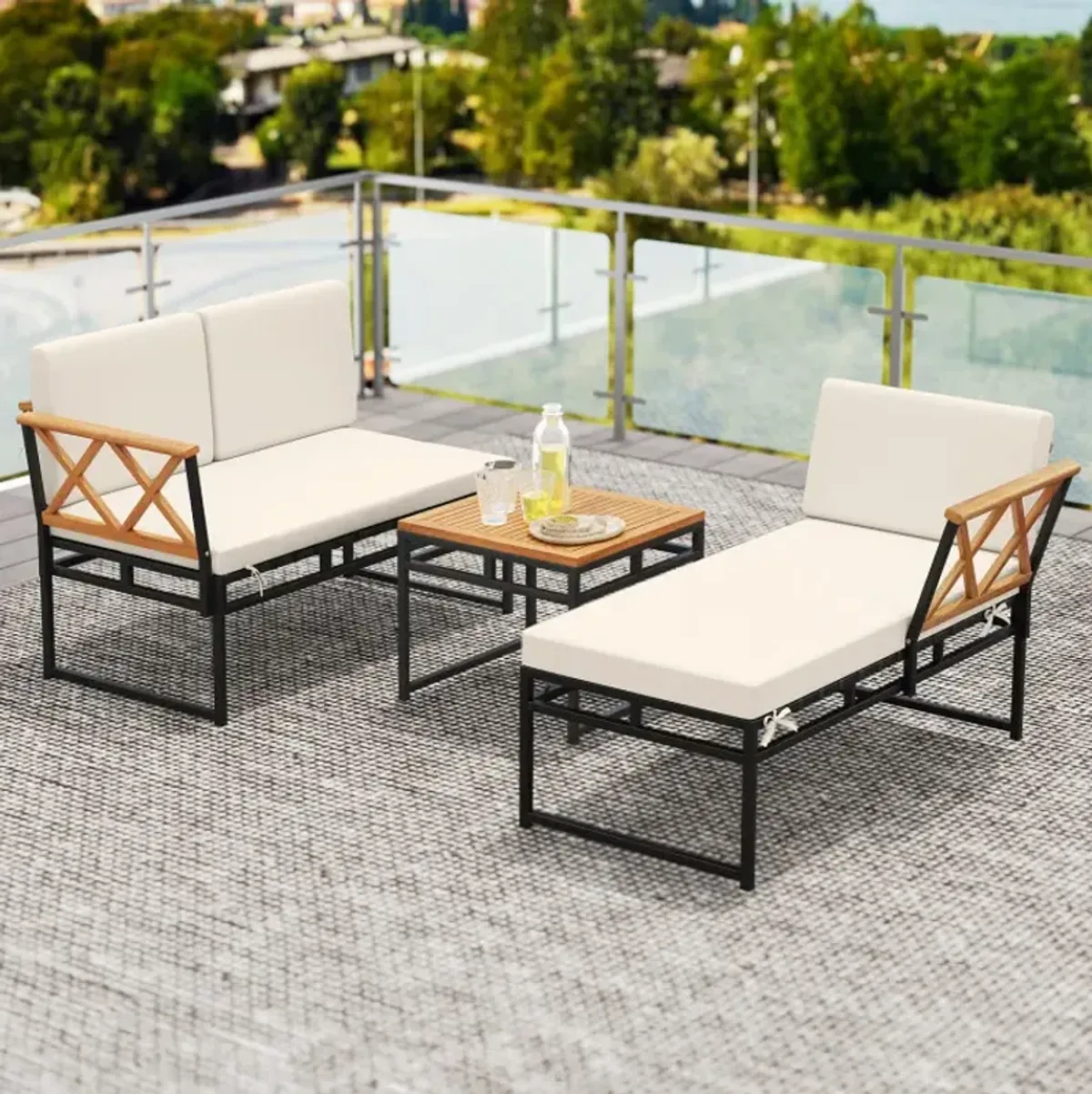 3-Piece L-Shaped Patio Furniture Set for Porch Backyard and Poolside