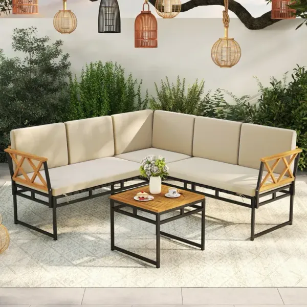 4 Pieces Patio L-Shaped Sofa Set with Cushions and Side Table