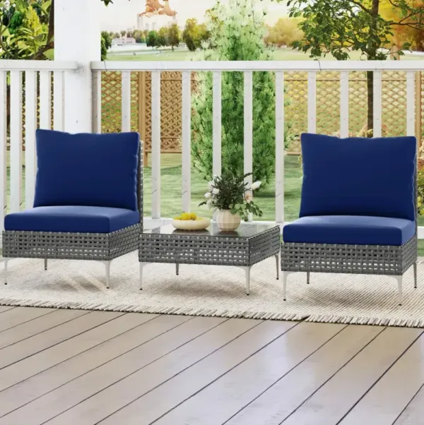 3 Pieces PE Rattan Conversation Chairs with Tempered Glass Coffee Table for Garden Porch