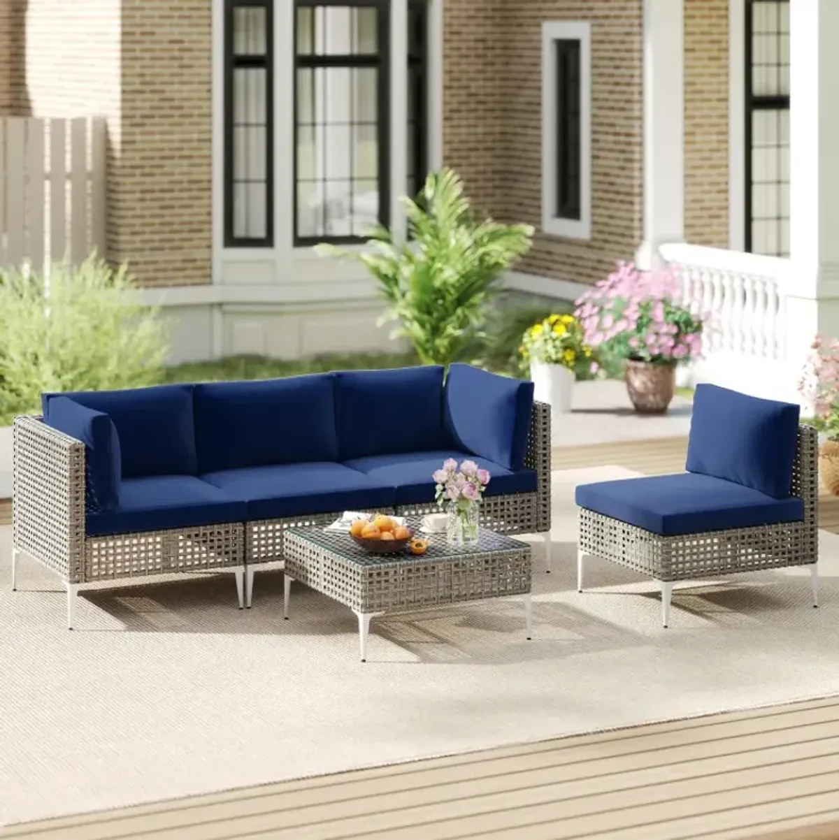 5 Piece Outdoor Furniture Set Patio Rattan Chairs with Tempered Glass Coffee Table