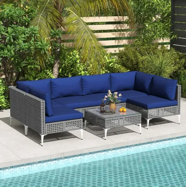 7 Piece Outdoor Furniture Set Wicker  Chairs with Tempered Glass Coffee Table