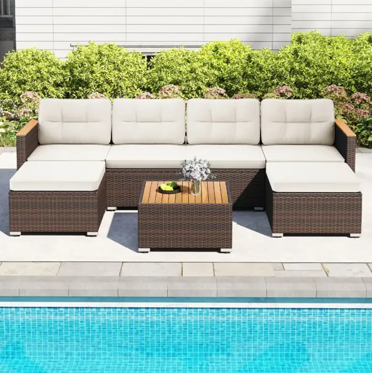 7 Pieces Wicker Conversation Set with Wood Armrests for Backyard