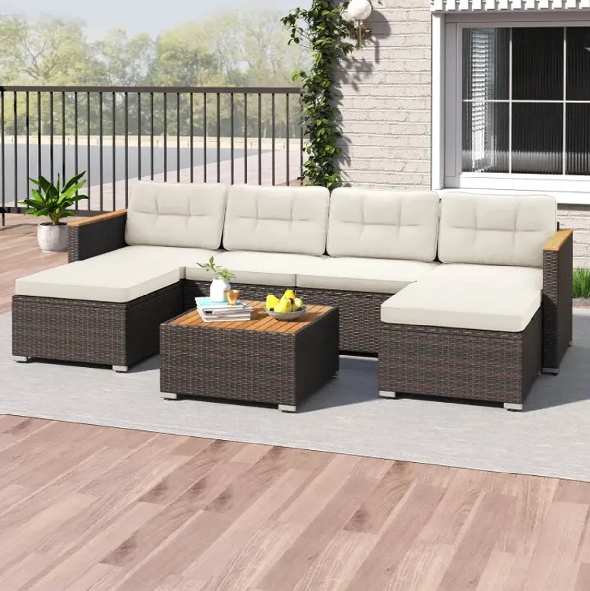 7 Pieces Wicker Conversation Set with Wood Armrests for Backyard