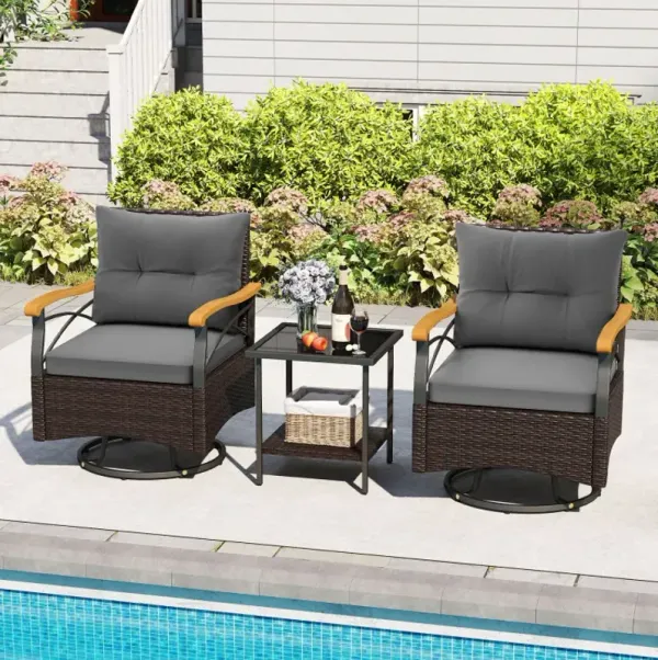 3 Piece Outdoor Swivel Chair Set with Tempered Glass Side Table