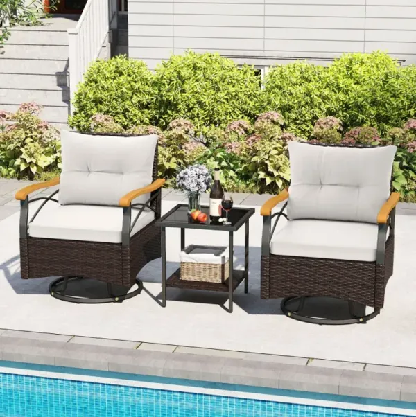 3 Piece Outdoor Swivel Chair Set with Tempered Glass Side Table