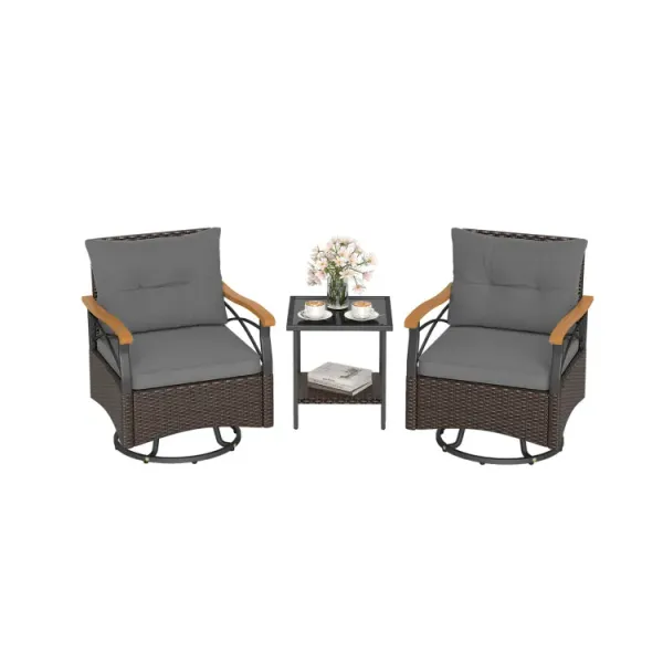 3 Piece Outdoor Swivel Chair Set with Tempered Glass Side Table