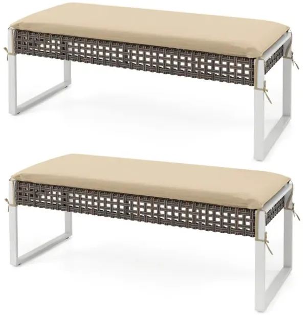 43 Inch Patio Rectangle Ottoman Pack of 2 with Metal Legs and Seat Cushion