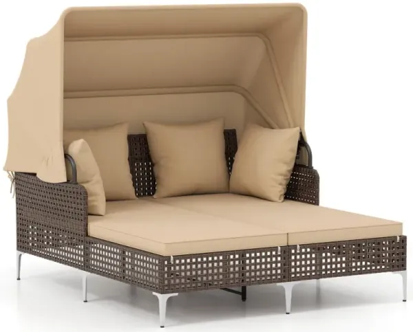Outdoor Daybed with Retractable Canopy PE Wicker Rattan Patio Lounger