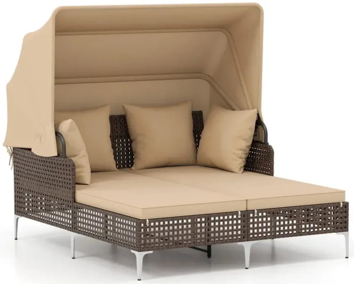 Outdoor Daybed with Retractable Canopy PE Wicker Rattan Patio Lounger