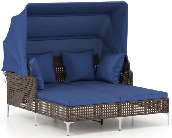 Outdoor Daybed with Retractable Canopy PE Wicker Rattan Patio Lounger