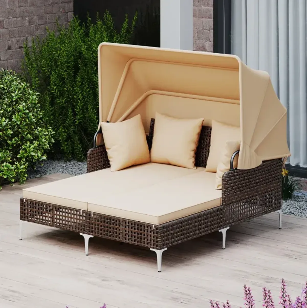 Outdoor Daybed with Retractable Canopy PE Wicker Rattan Patio Lounger