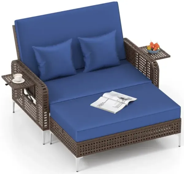 2 Piece Patio Rattan Daybed Wicker Loveseat and Ottoman with Adjustable Backrest