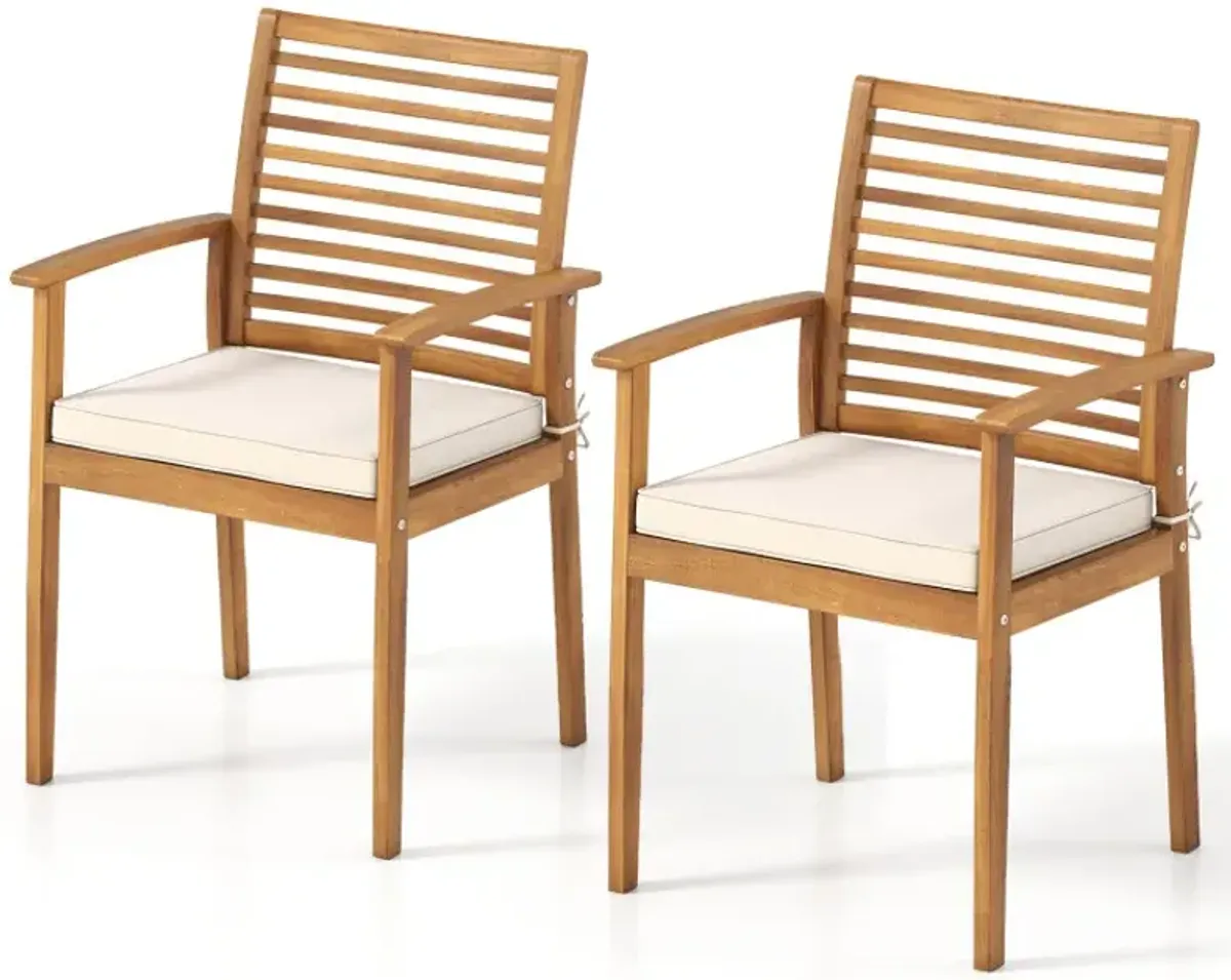 Outdoor Patio Dining Chairs Set of 2 with Removable Padded Cushion and Slatted Backrest