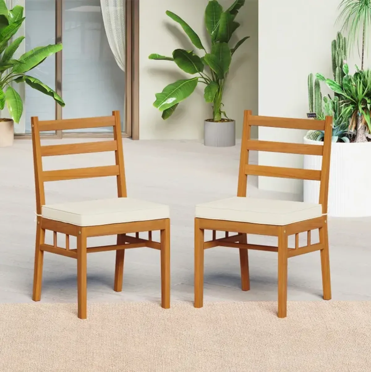 Outdoor Wooden Dining Chair Set of 4 with Padded Seat Cushions