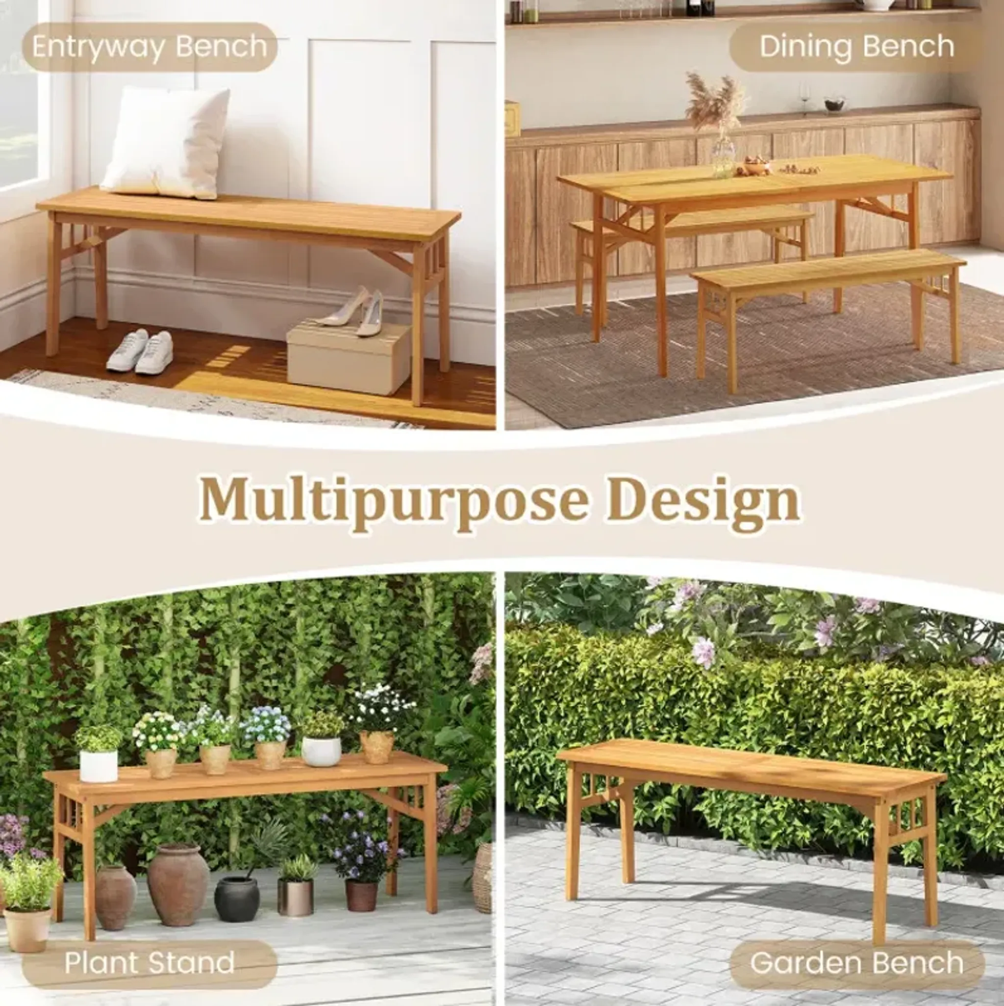 48 Inches Acacia Wood Bench With Breathable Slat Seat And Stable ...