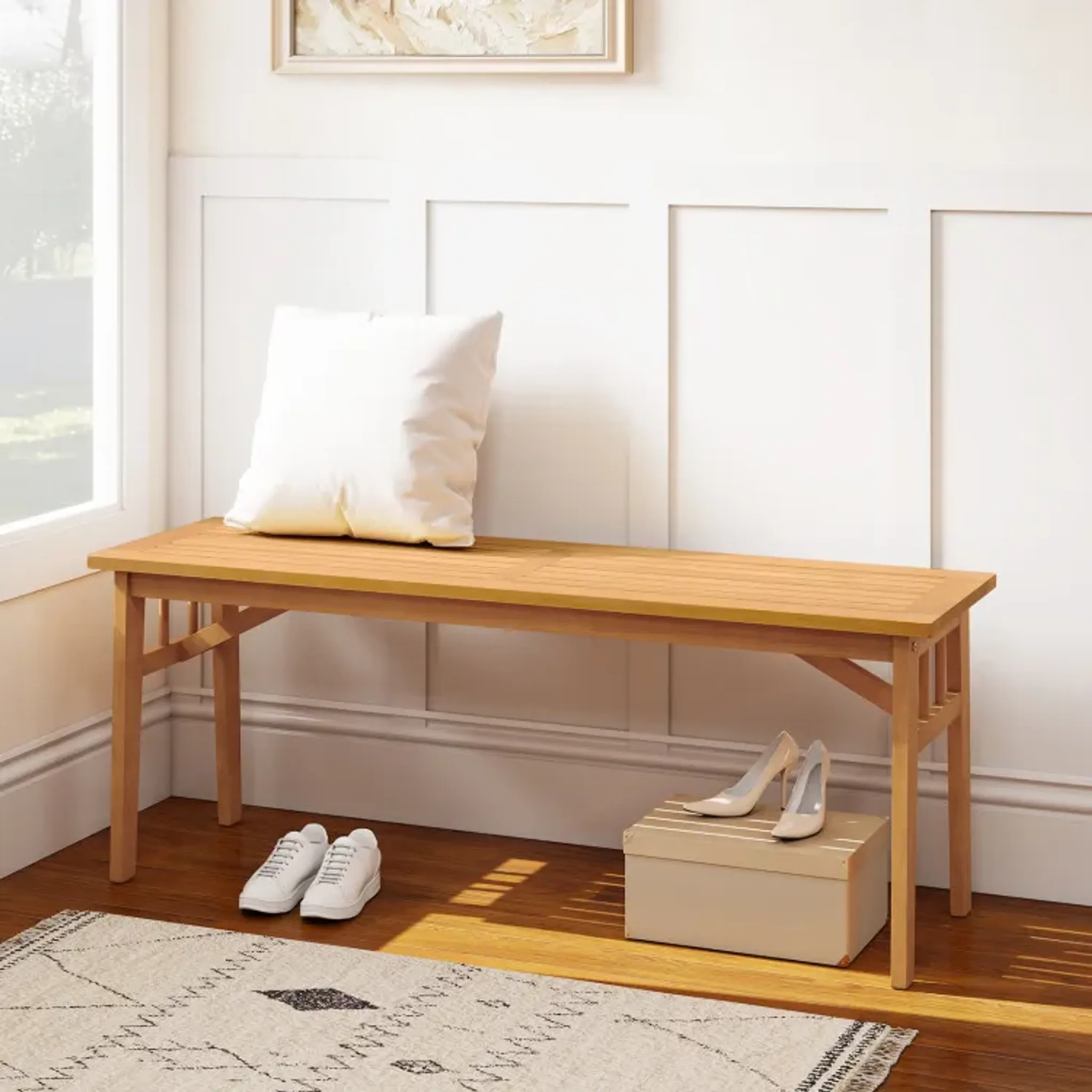 48 Inches Acacia Wood Bench with Breathable Slat Seat and Stable ...