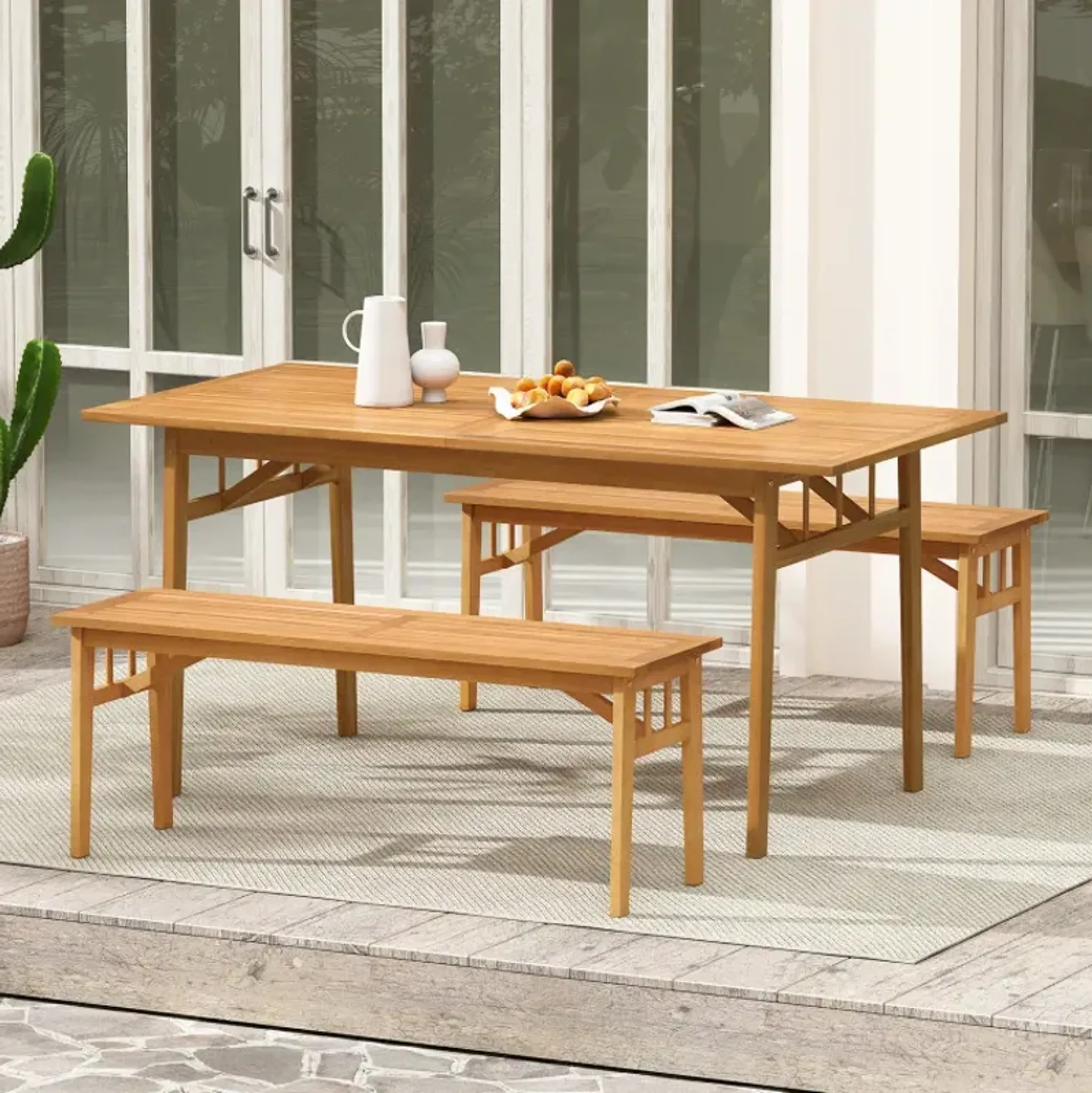 48 Inches Acacia Wood Bench With Breathable Slat Seat And Stable ...
