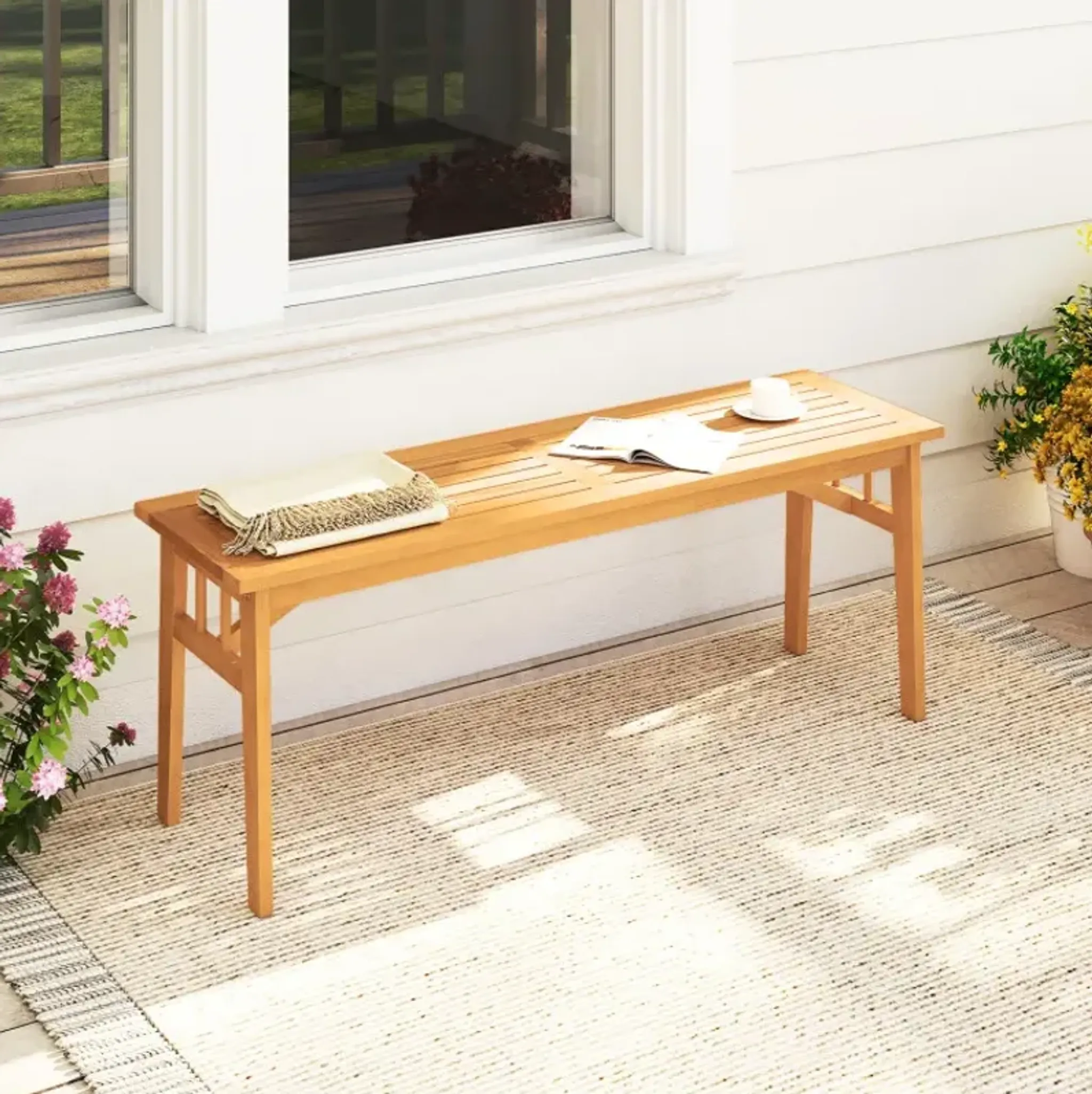 48 Inches Acacia Wood Bench with Breathable Slat Seat and Stable ...