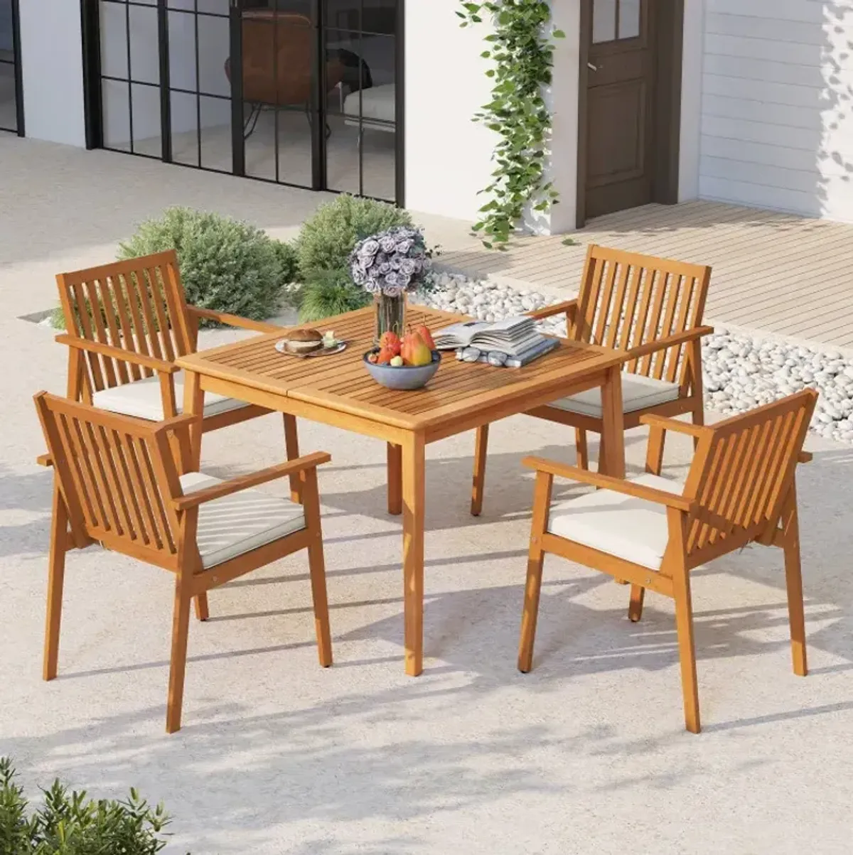 2 Pieces Patio Dining Chairs Outdoor Acacia Wood Chairs with Removable Padded Cushion