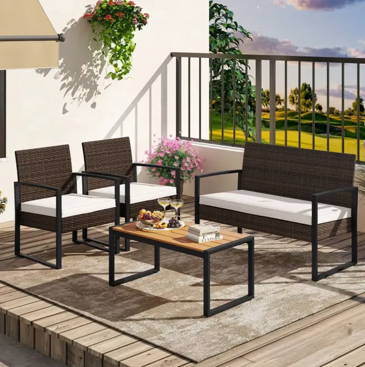 4 Piece Patio Furniture Set Outdoor Rattan Conversation Set with Cushioned Chairs and Wood Plastic Coffee Table