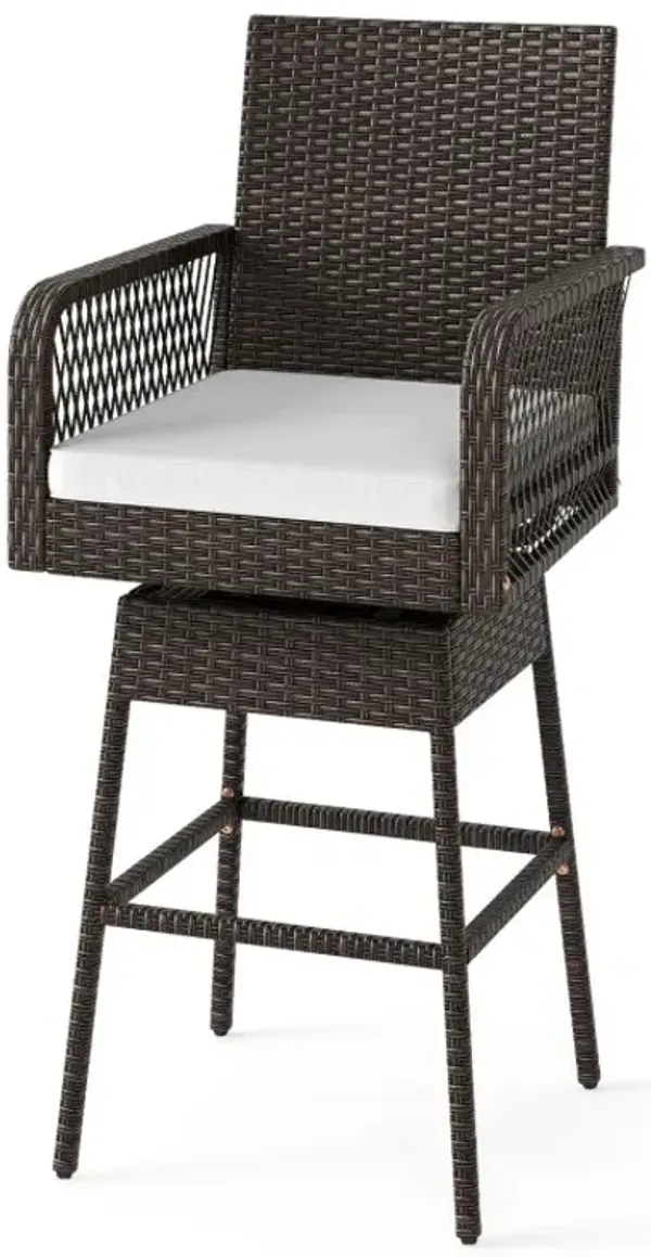 29 Inches Patio 360° Swivel Bar Stool with Cross-Woven Armrests and Seat Cushion