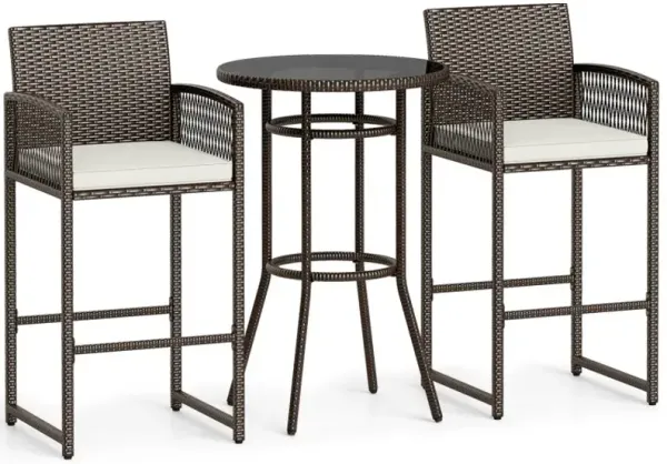 3 Piece Patio Bar Set Outdoor Wicker Bar Height Round Table and Armchairs
